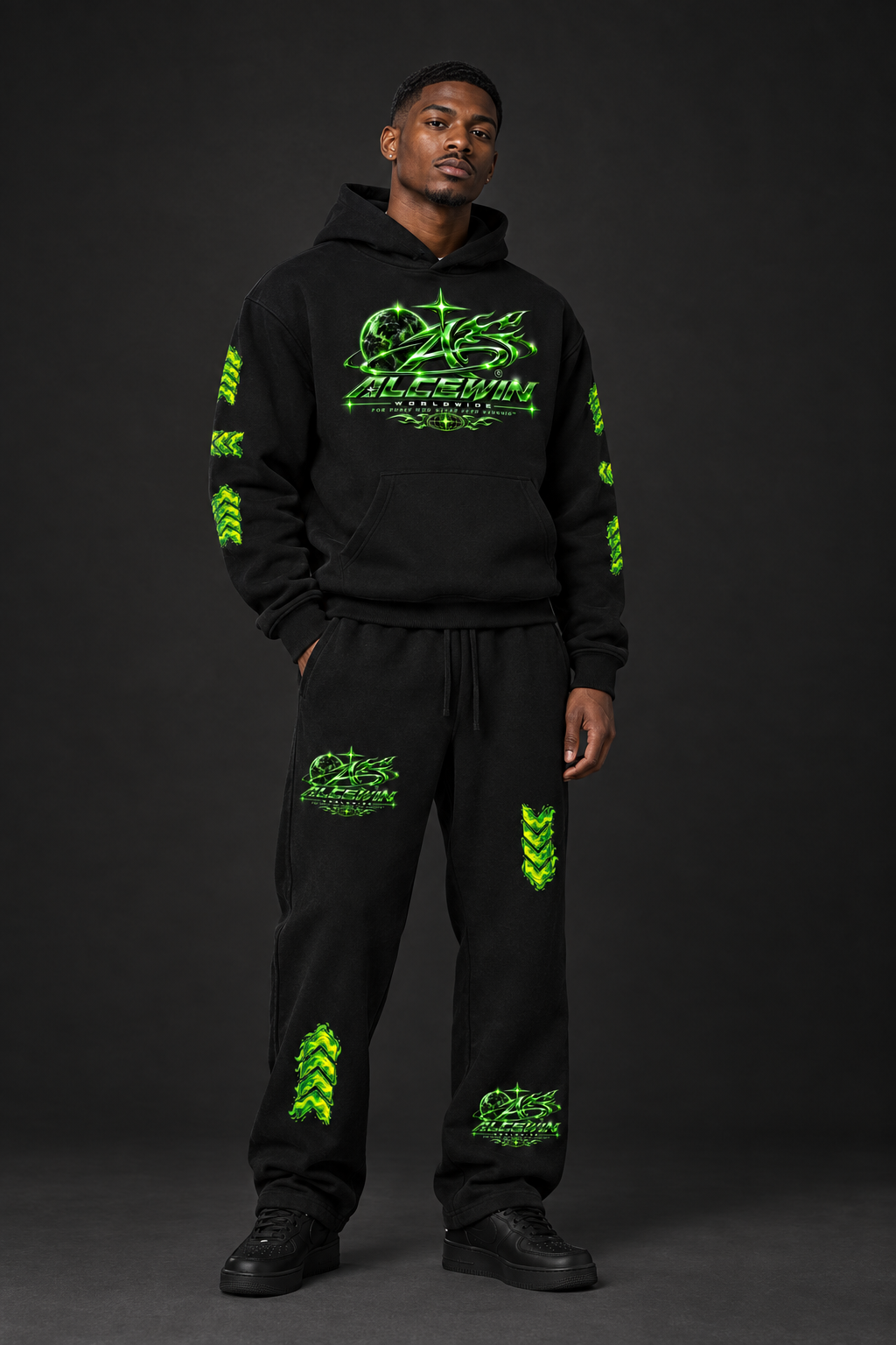 Black male model wearing the matching Alce Win set in an editorial pose