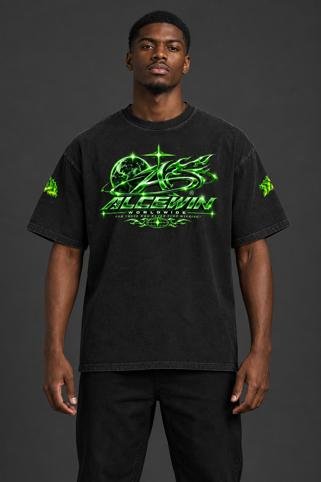 Black male model wearing the updated Alce Win T-shirt