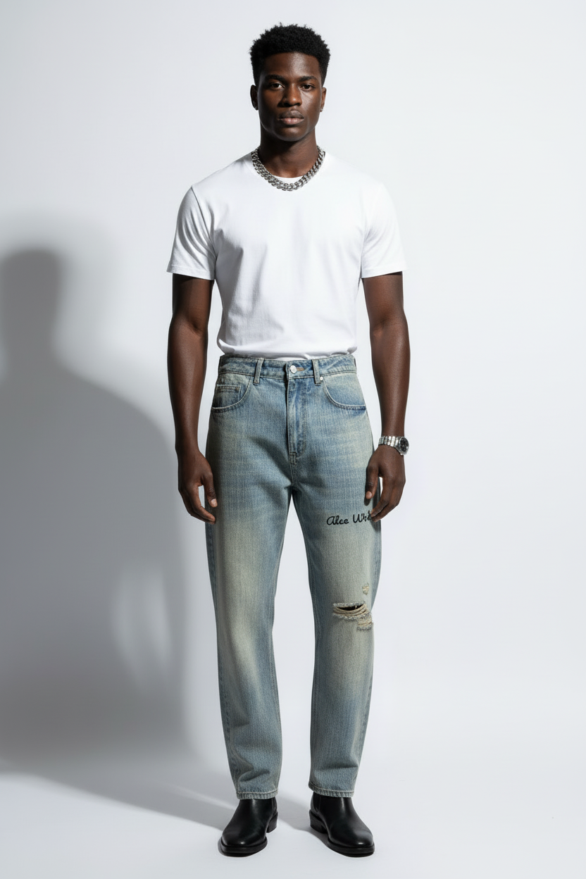 Distressed Denim Jeans — Plain White Shirt