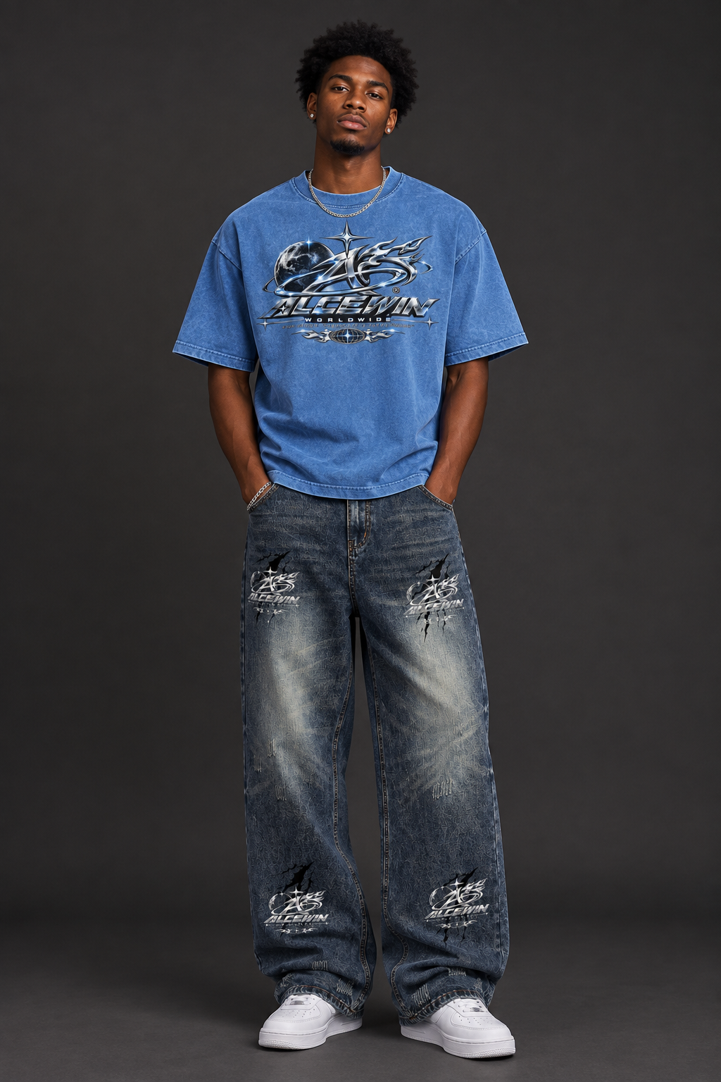 Model wearing both, clean studio version