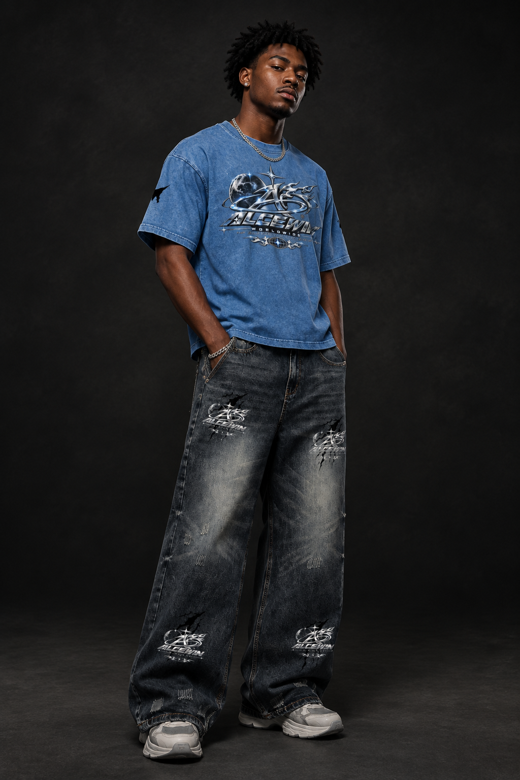 Model wearing both, moody high-fashion version