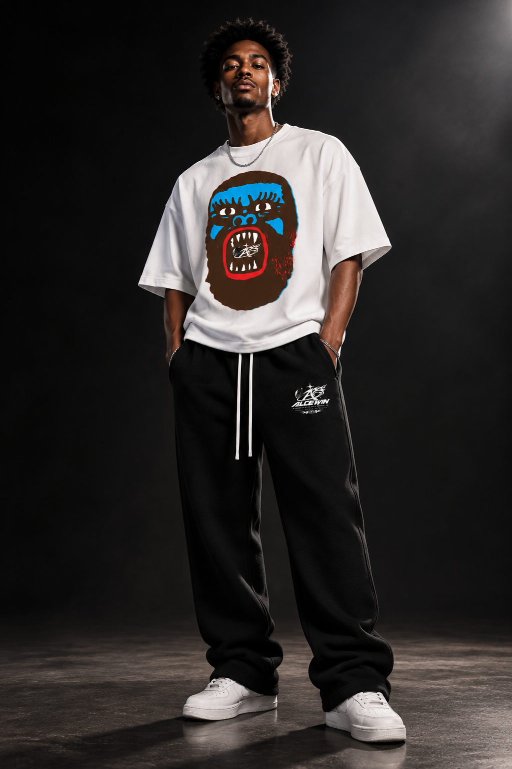 No Fear Ape T-Shirt + Fleece Straight Leg Pants on Male Model